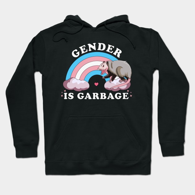 Gender Is Garbage Transgender LGBTQ Pride Opossum Hoodie by OrangeMonkeyArt